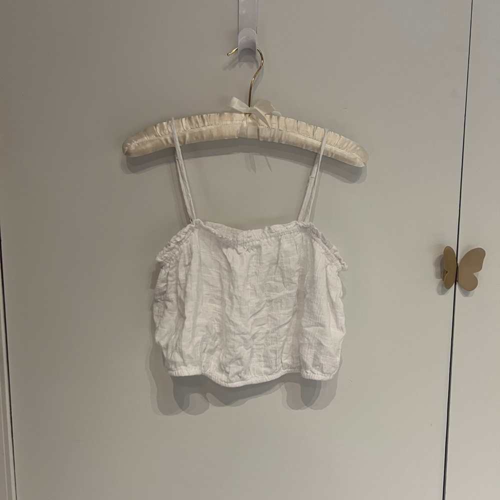 Aerie White Spaghetti Strap Crop Camisole with Ruffled Bustier Style